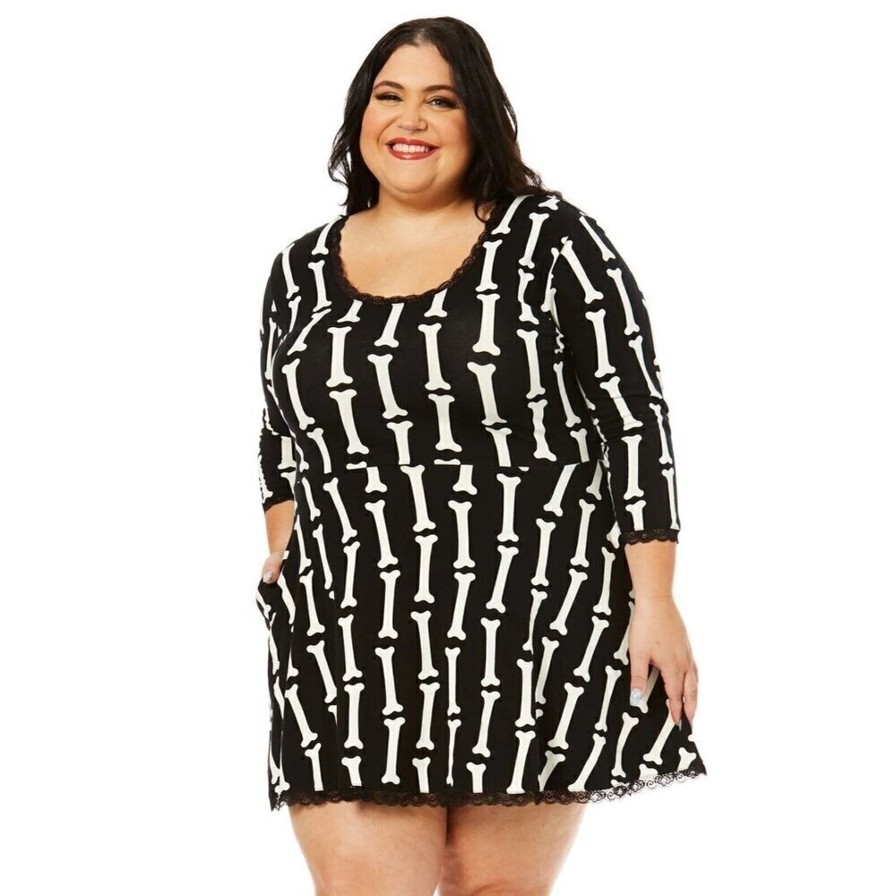 Sourpuss Size Small Miss Bones Low Back Mini Dress Stretch Goth 3/4 Sleeve Punk